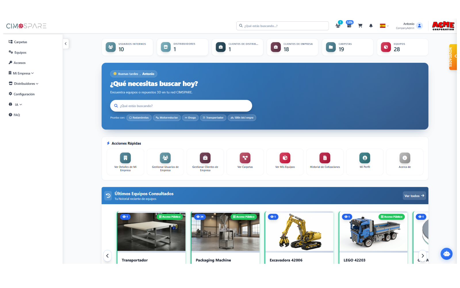 Panel de CIMSPARE con los contadores de usuarios, distribuidores, clientes y equipos, el buscador y los últimos equipos consultados.