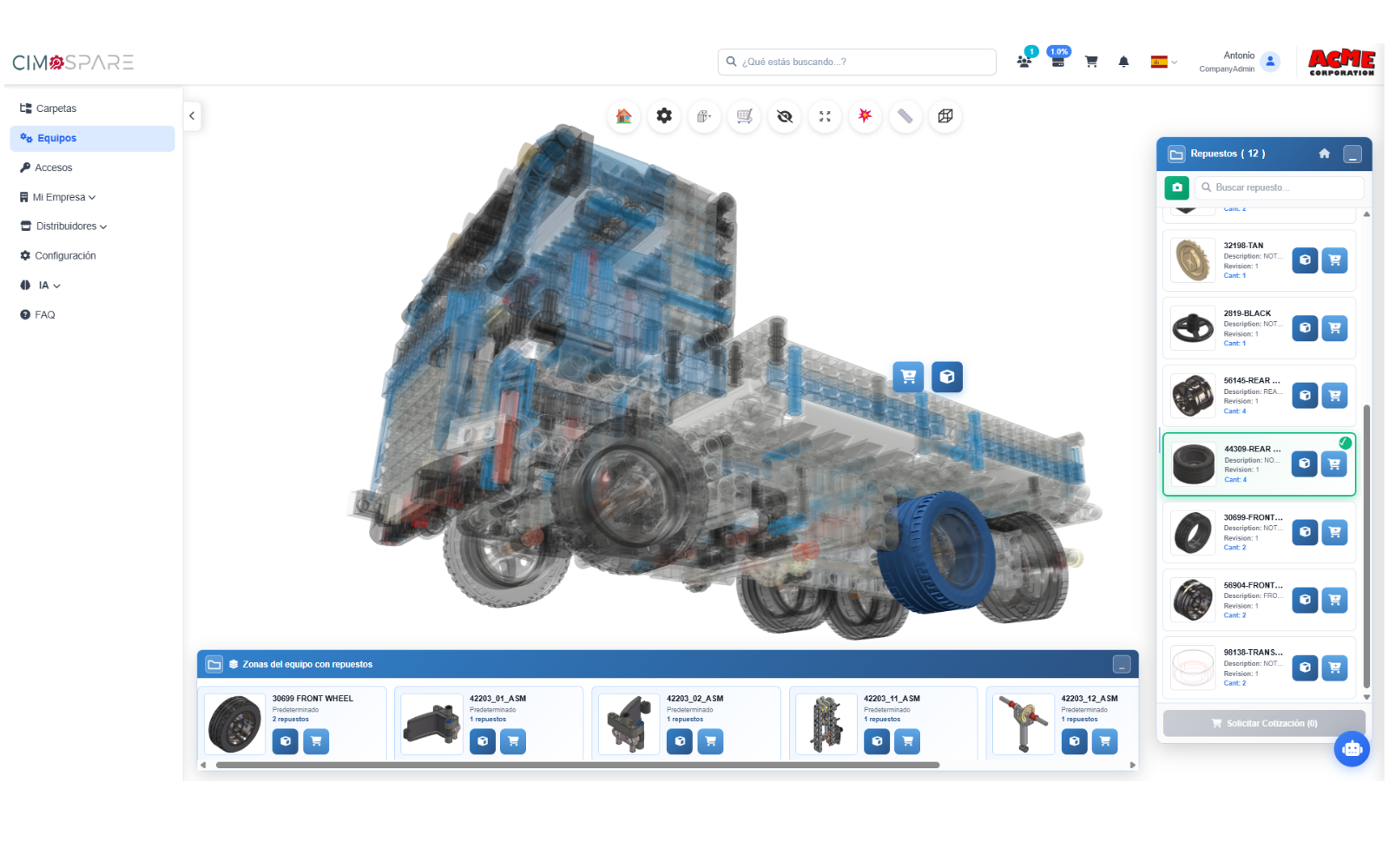 Despiece interactivo en 3D de un camión en CIMSPARE: el modelo en vista transparente, el widget de repuestos a la derecha y las zonas del equipo en la barra inferior.