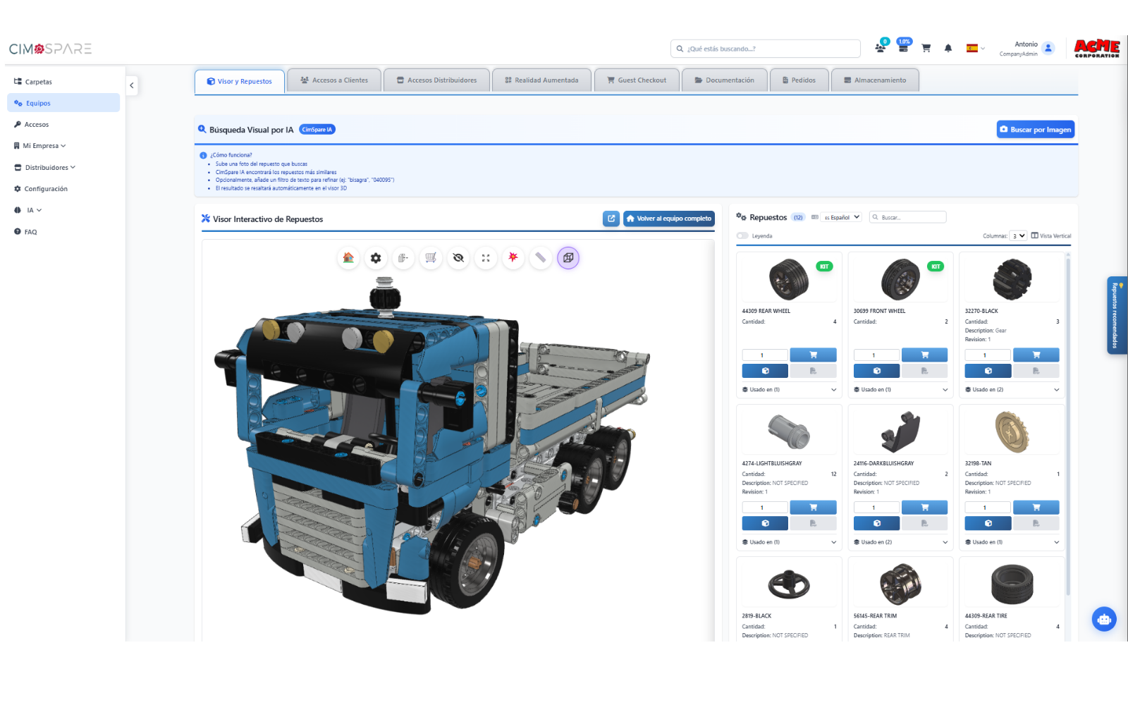 Ficha de equipo en CIMSPARE con el visor 3D a la izquierda y el catálogo de repuestos a la derecha, con cantidades y botón de añadir al carrito.